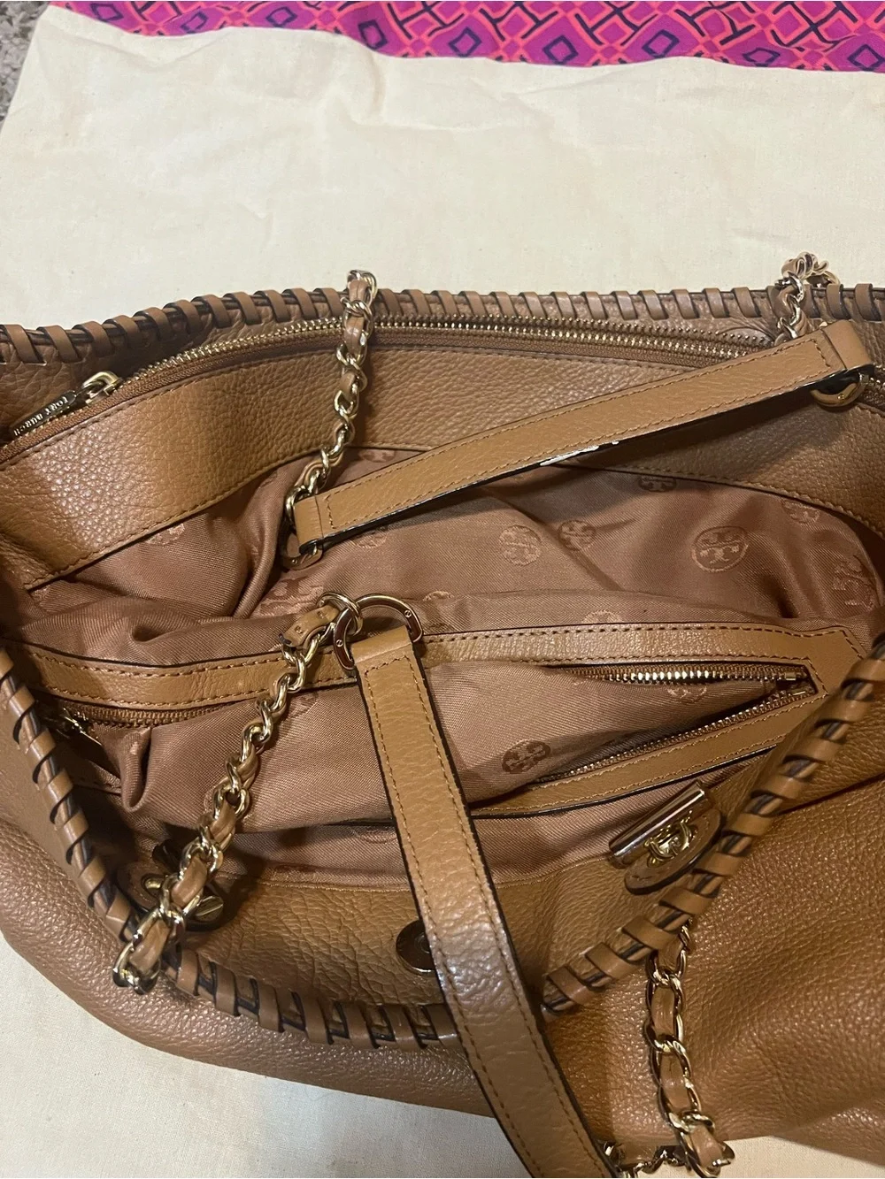 Tory Burch Tan Leather Chain-Handle Tote with Whipstitch Trim